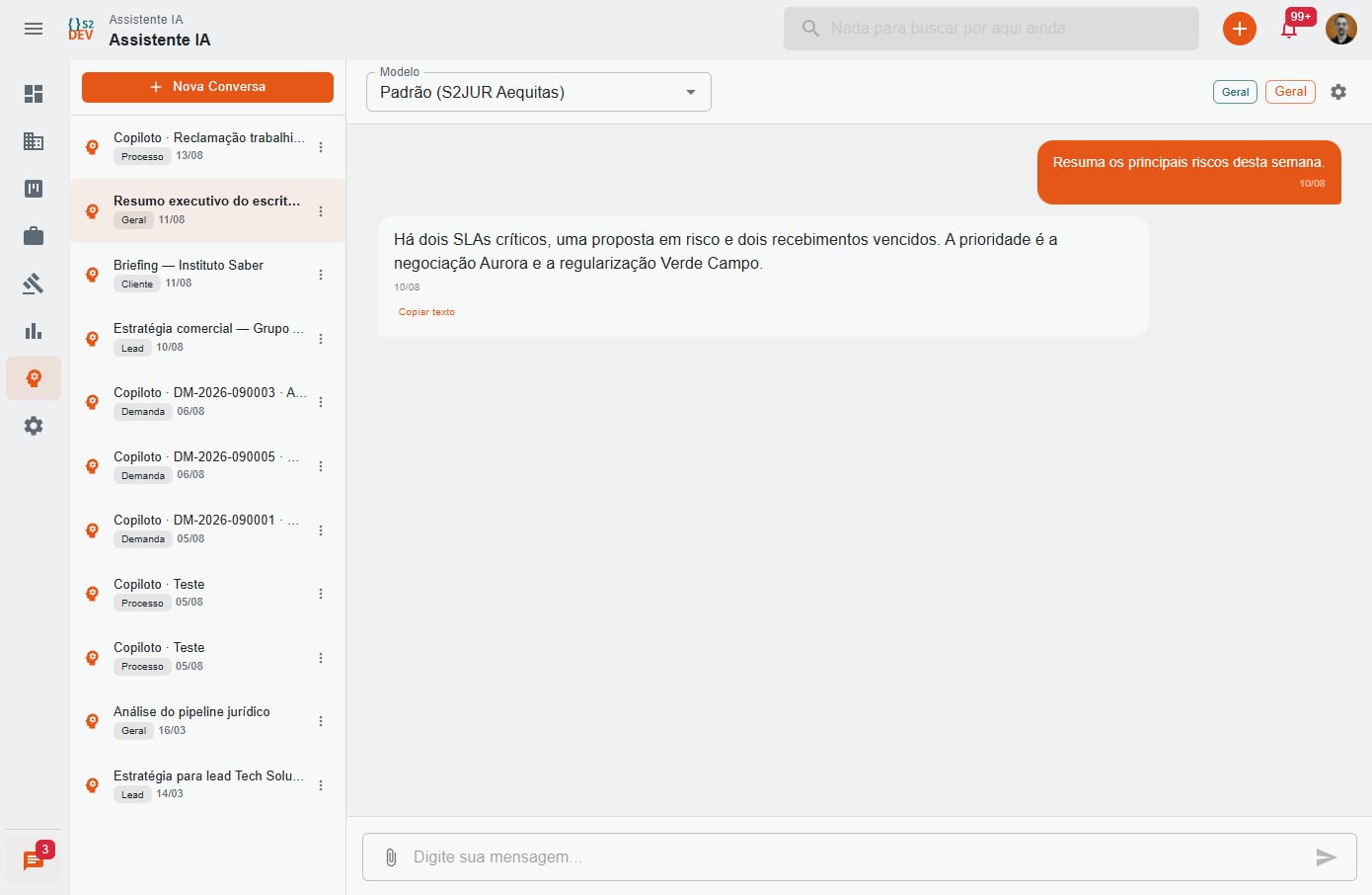 Assistente de inteligência artificial real do S2JUR com histórico de conversas e resposta contextual