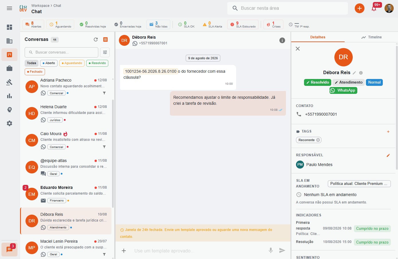 Central real de atendimento do S2JUR com conversas, WhatsApp, SLA e dados do contato