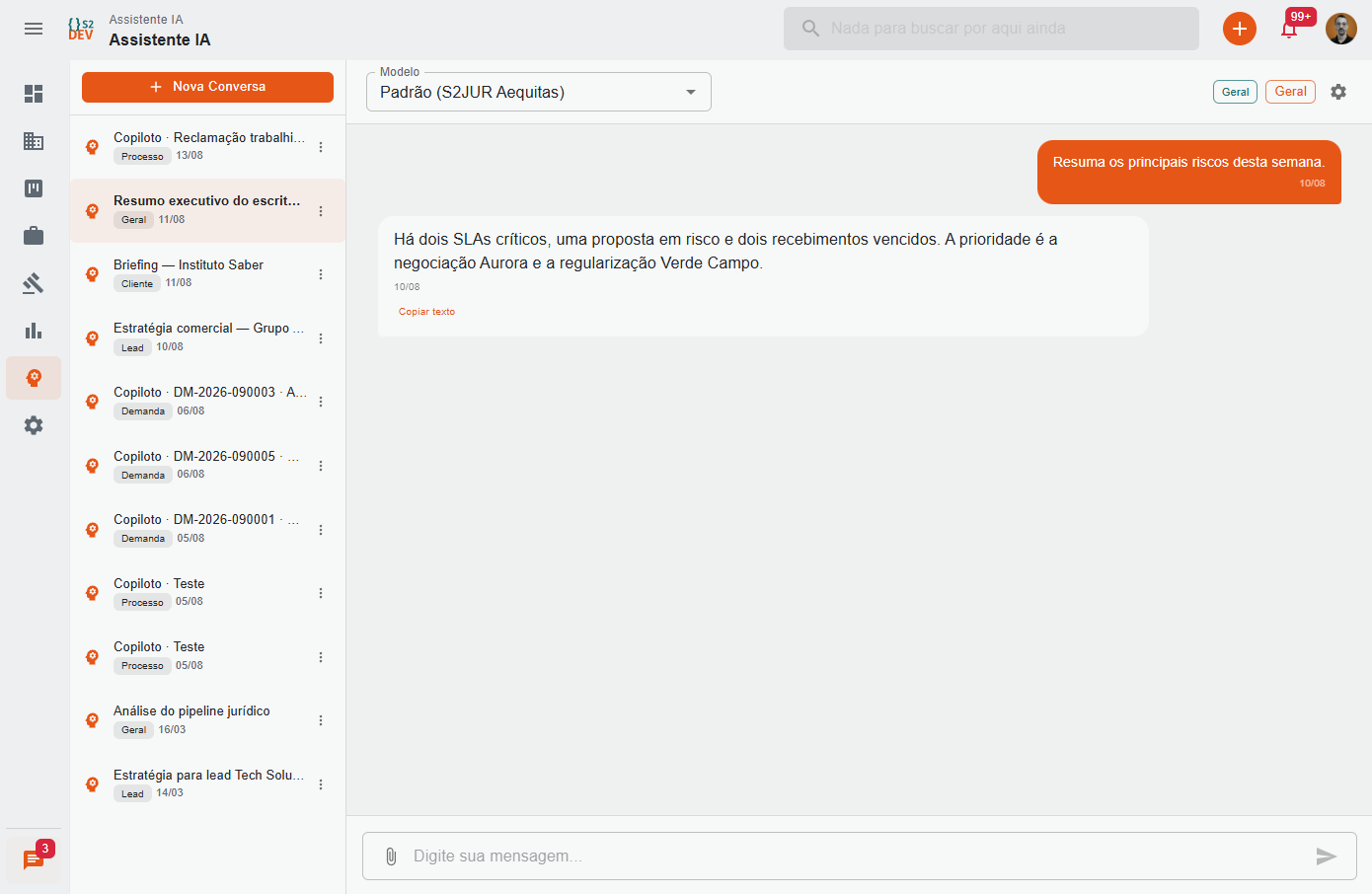 Assistente de inteligência artificial real do S2JUR com histórico de conversas e resposta contextual