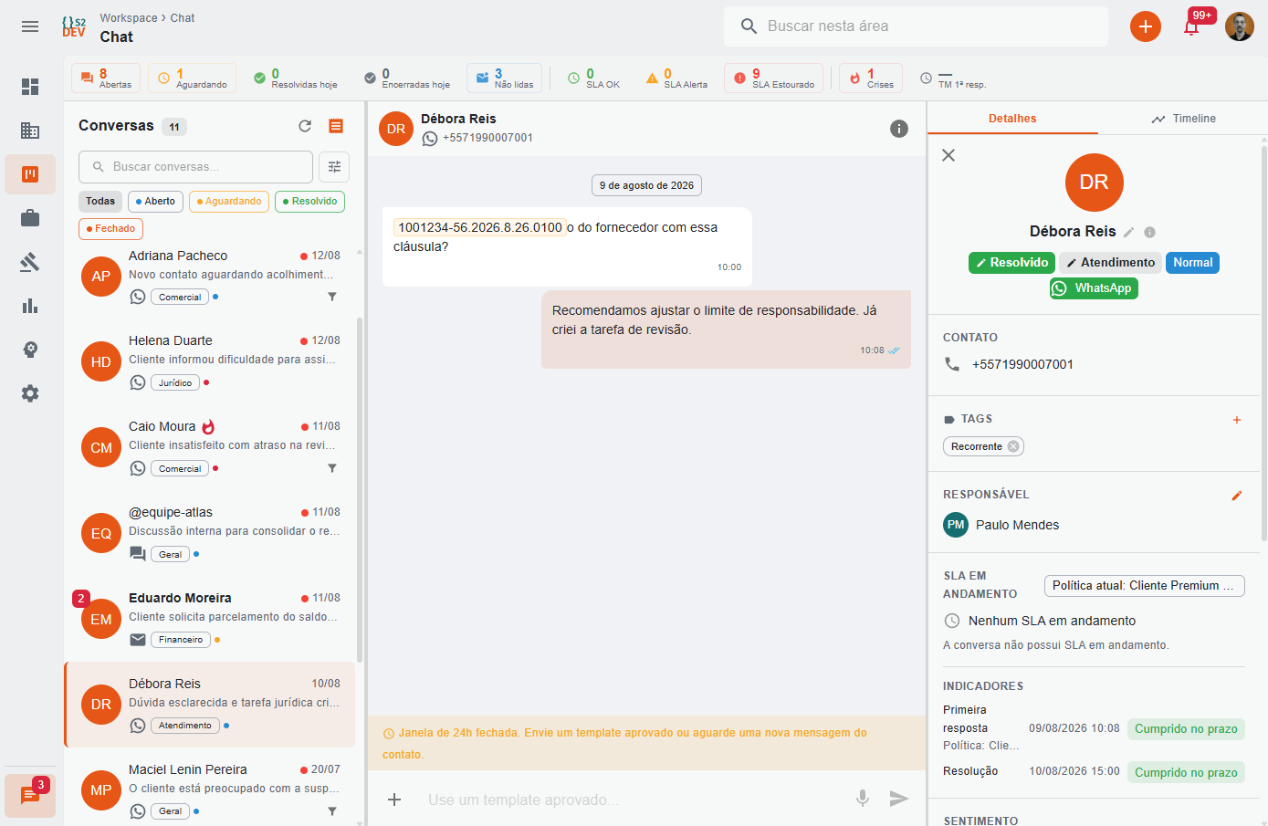 Central real de atendimento do S2JUR com conversas, WhatsApp, SLA e dados do contato